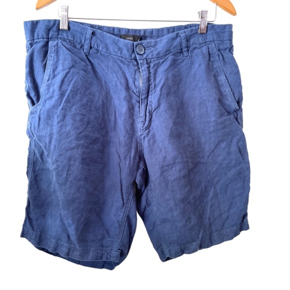 Onia Navy Blue Linen Flat front‎ shorts 36